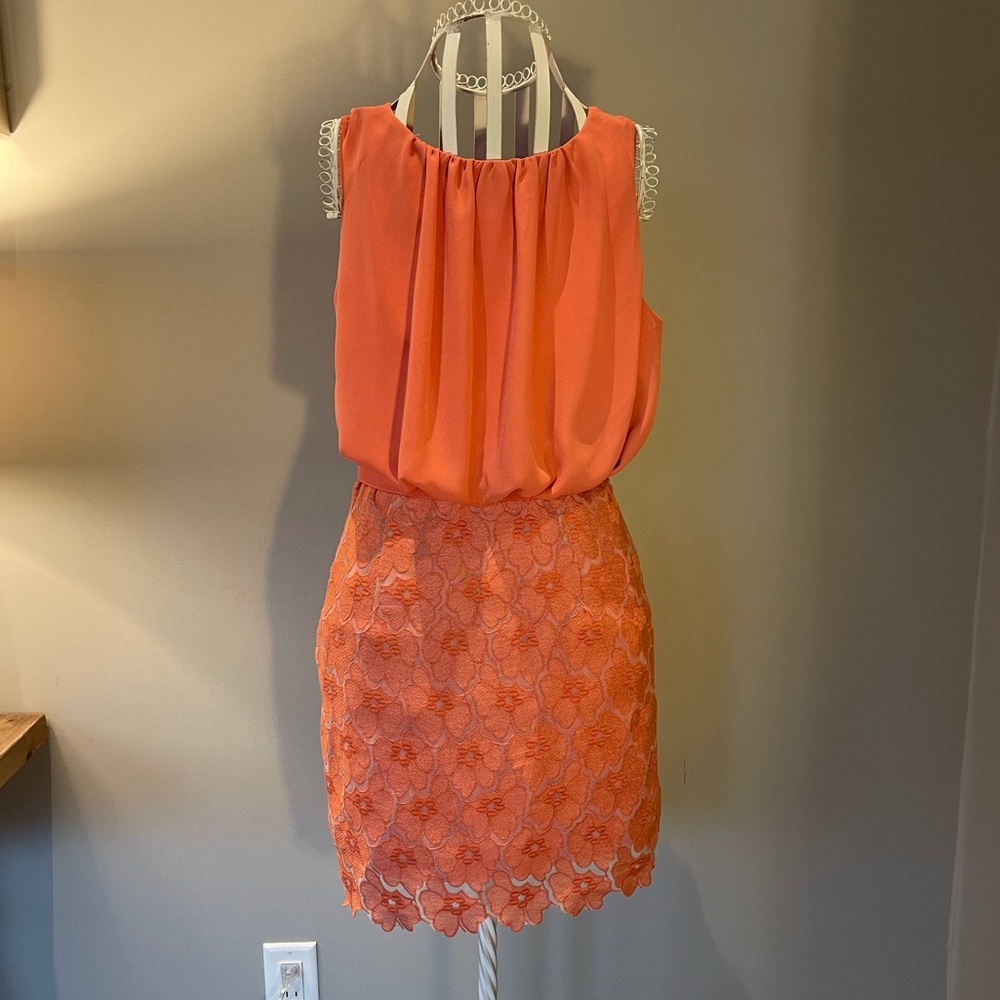 Privee S coral dress. Belt included. Not orange, coral. Worn once